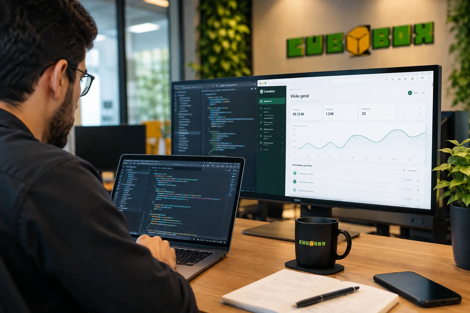 Profissional trabalhando em um ambiente de desenvolvimento de software com telas de código e dashboard